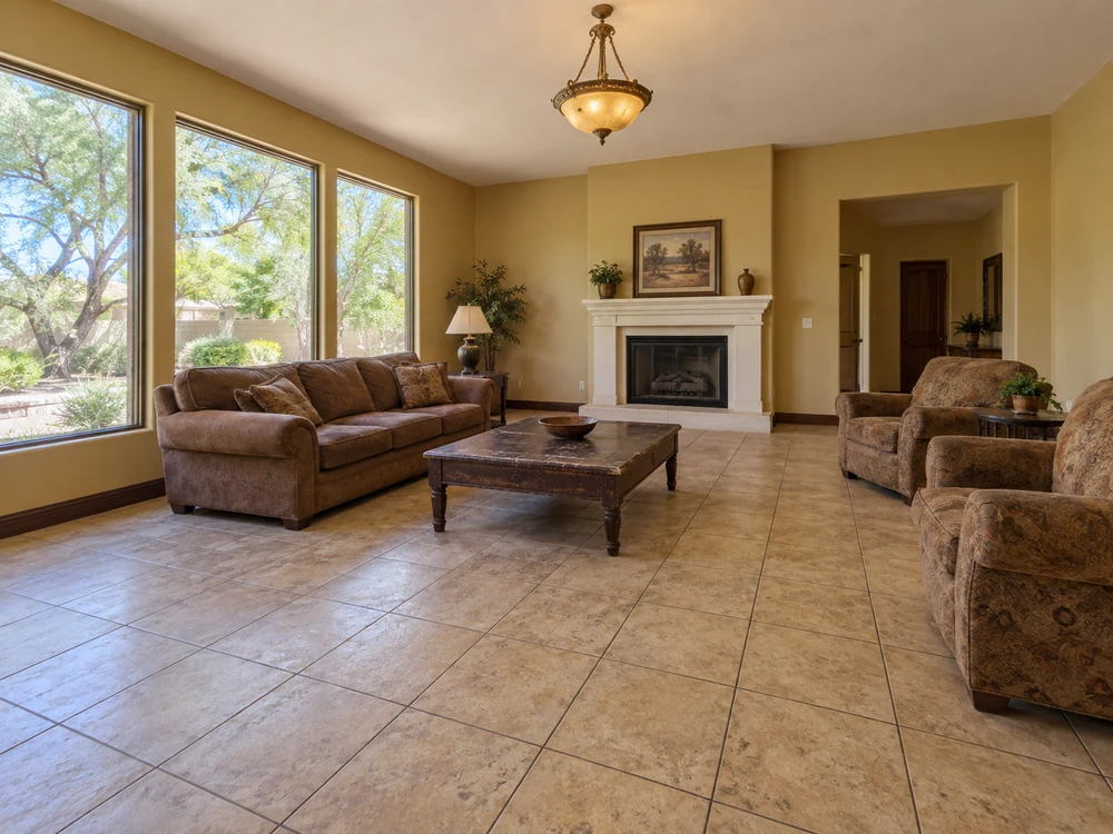 Renovation concept before: furnished living room with dated tile, tan walls and old lighting