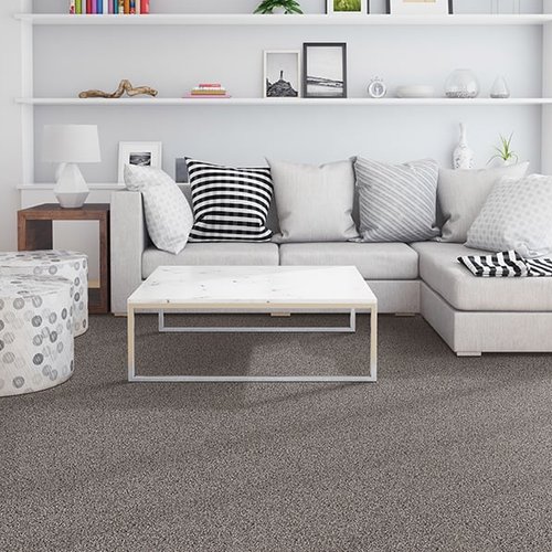 Bright living room with grey carpets and white decor