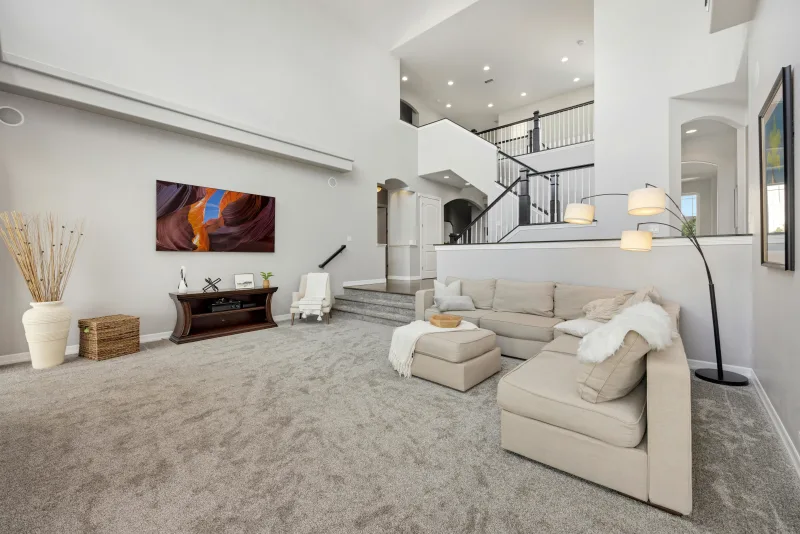 Cozy plush carpet flooring in an open concept home