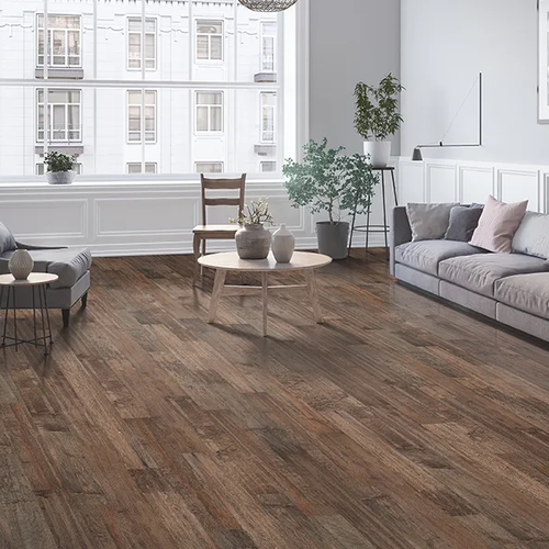 Modern living room with rustic hardwood flooring