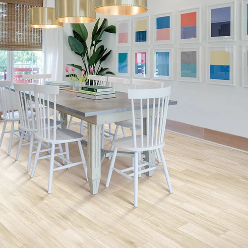Wood look tile flooring in a bright dining room
